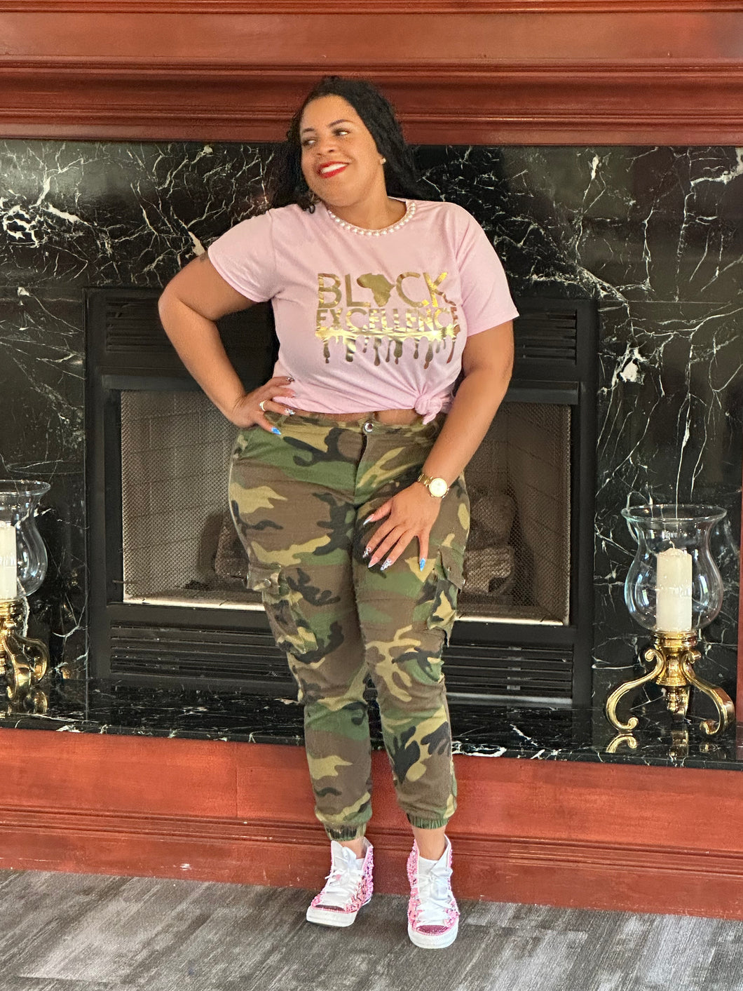 Pink & Pearls Black Excellence T-Shirt (Baby Pink)